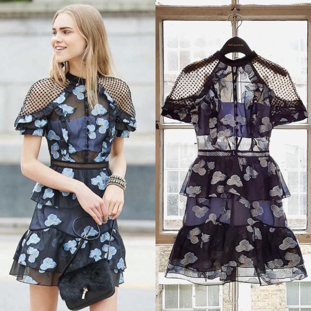 Self-Portrait Fil Coupe Open Back Cape Mini Dress Floral Mesh 6